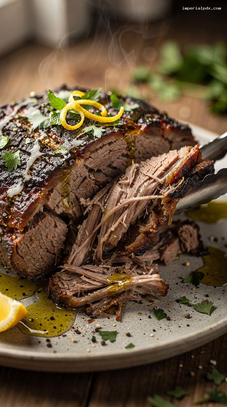 Smoked Rosemary-Garlic Lamb Shoulder With Lemon Herb Drizzle – Closeup