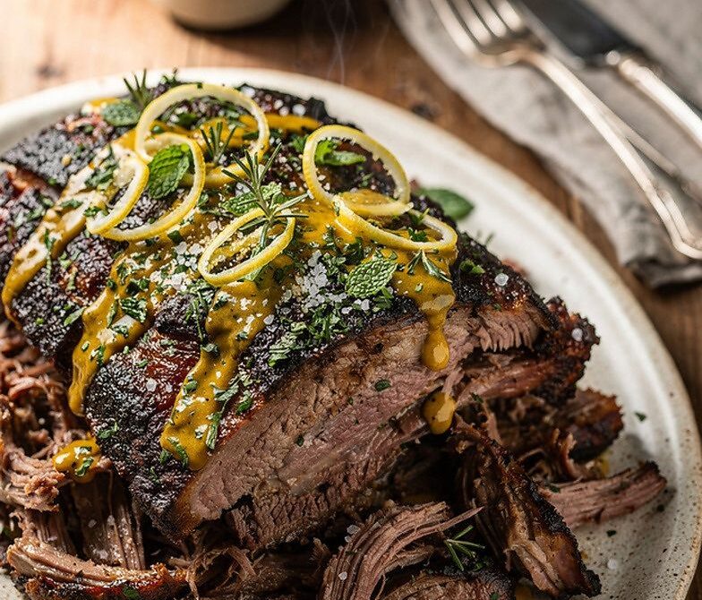 Smoked Rosemary-Garlic Lamb Shoulder With Lemon Herb Drizzle