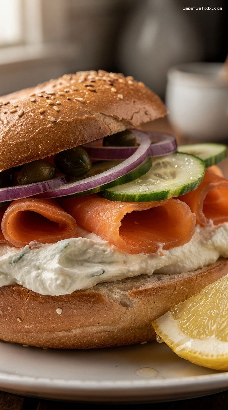 Smoked Salmon Bagel With Scallion Cream Cheese and Capers – Closeup