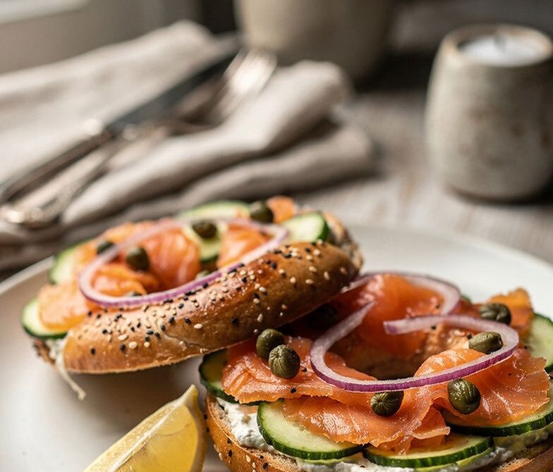 Smoked Salmon Bagel With Scallion Cream Cheese and Capers