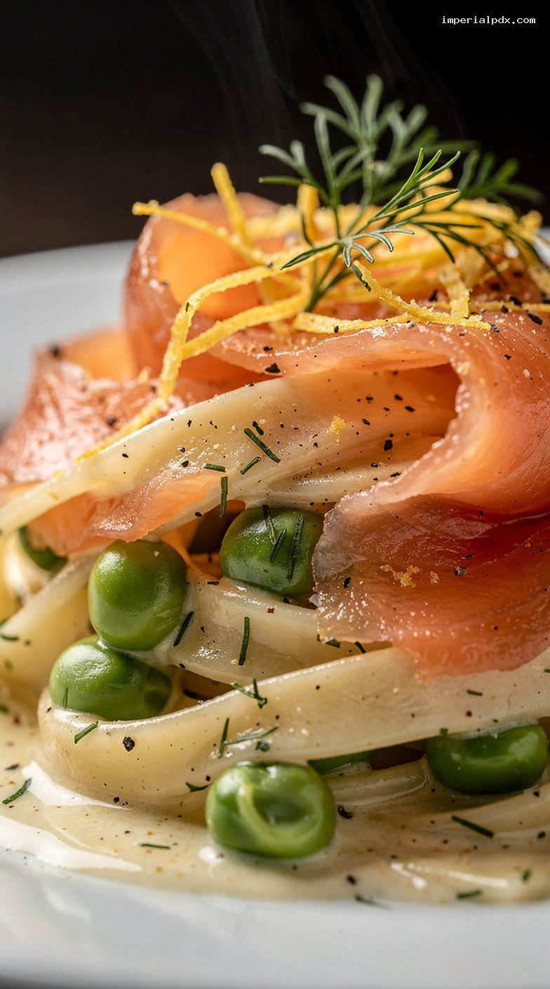 Smoked Salmon Lemon Cream Pasta With Peas and Dill – Closeup