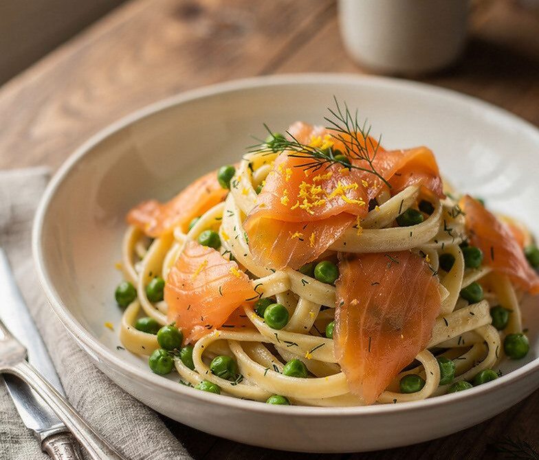 Smoked Salmon Lemon Cream Pasta With Peas and Dill