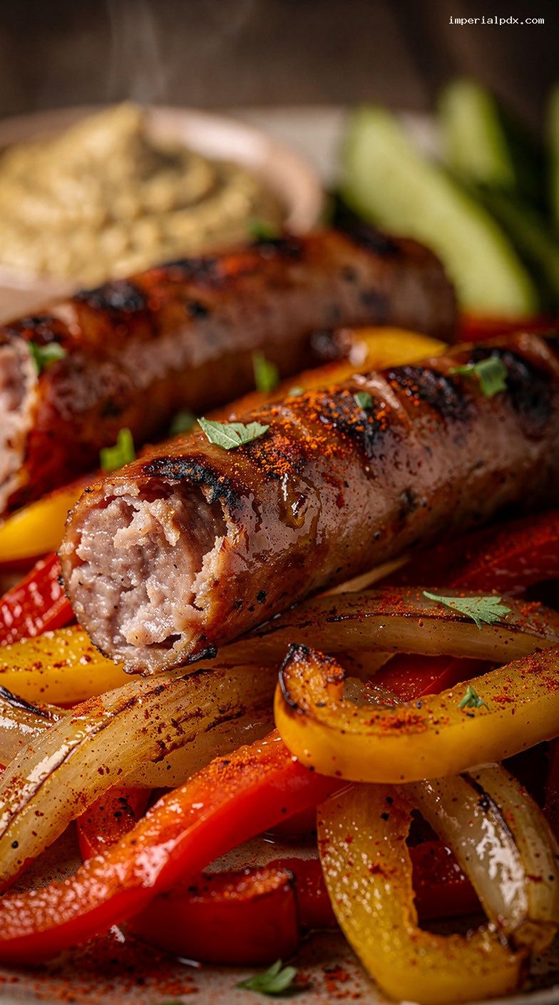 Smoked Sausage and Peppers Platter with Mustard and Pickles – Closeup