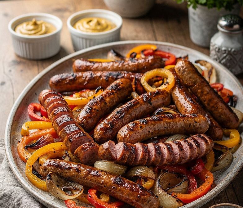 Smoked Sausage and Peppers Platter with Mustard and Pickles