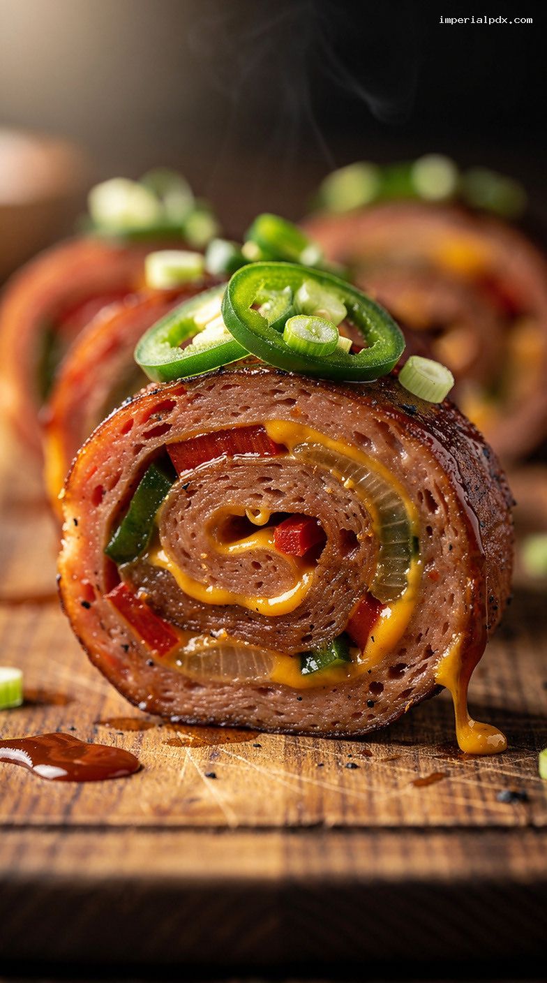 Smoked Sausage Fattie Roll With Peppers and Cheese – Closeup