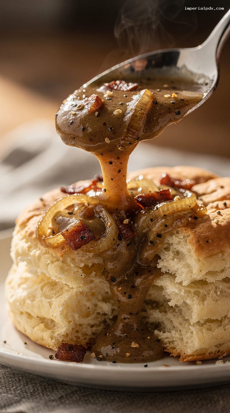 Smoky Bacon Onion Gravy With Caramelized Onions and Black Pepper – Closeup