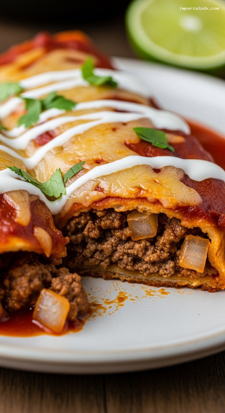 Smoky Beef Enchiladas With Red Sauce and Cheese – Closeup