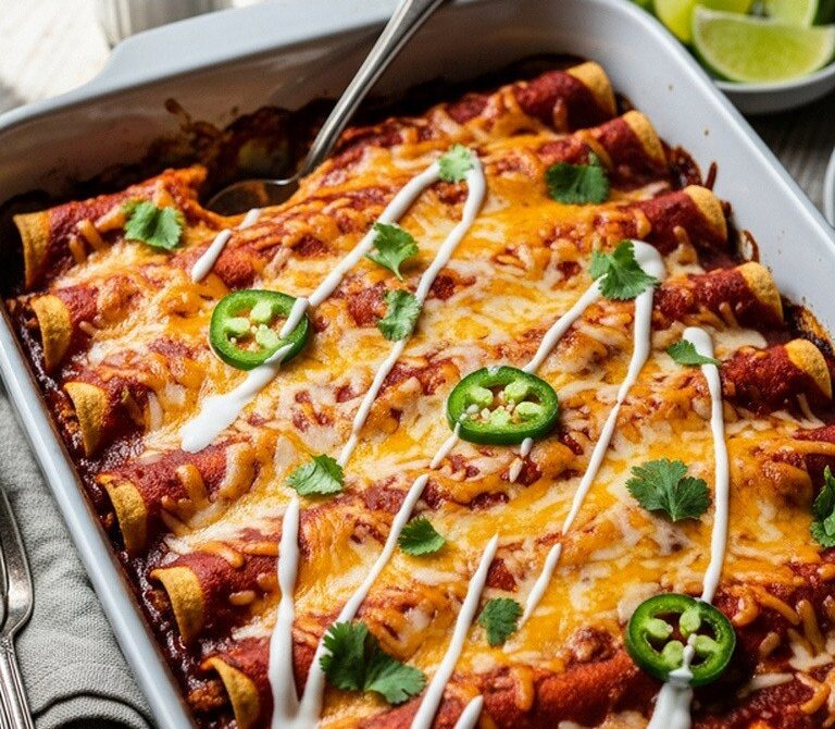 Smoky Beef Enchiladas With Red Sauce and Cheese