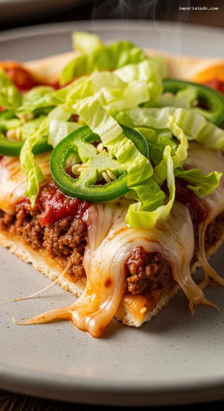 Smoky Beef Taco Pizza with Cheddar and Jalapeños – Closeup