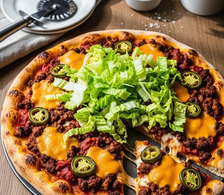 Smoky Beef Taco Pizza with Cheddar and Jalapeños