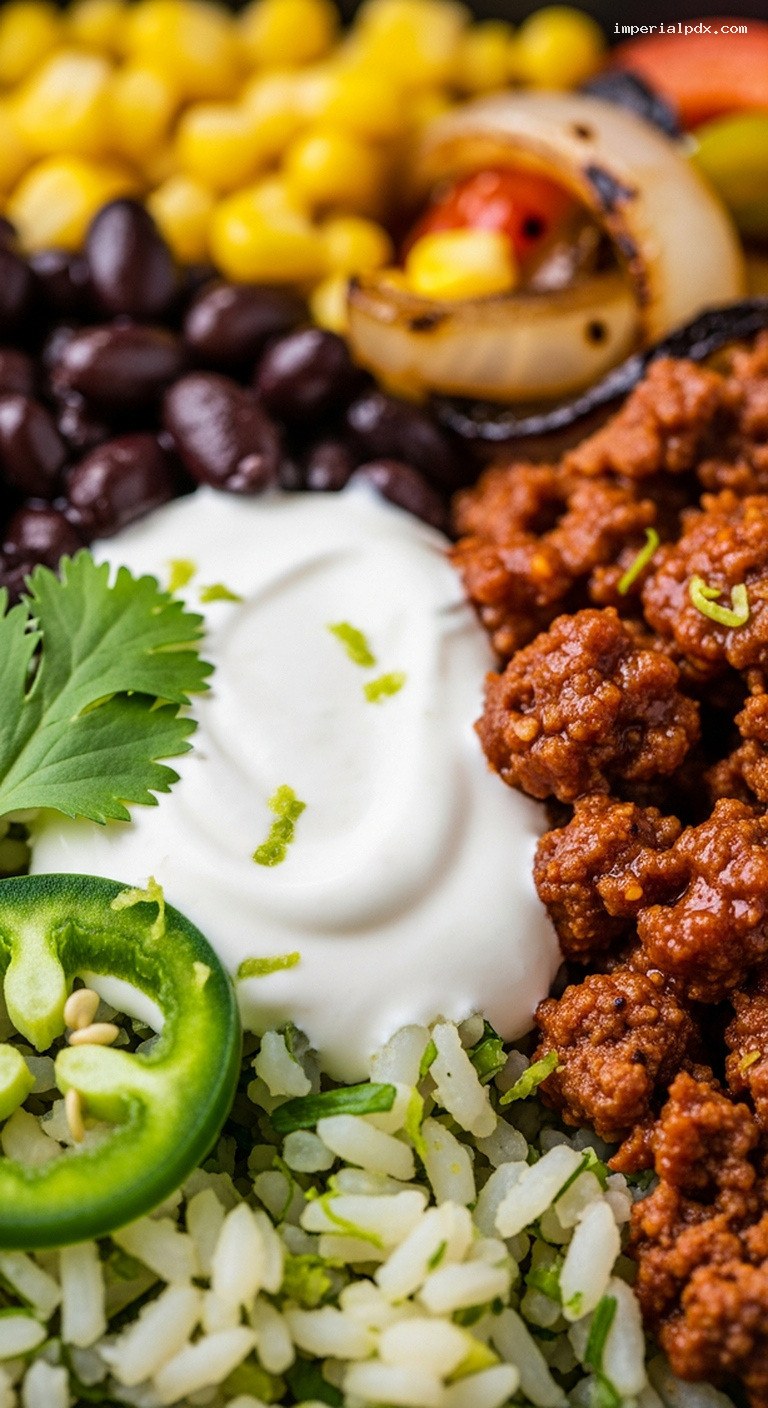 Smoky Chipotle Beef Burrito Bowls With Lime Crema – Closeup