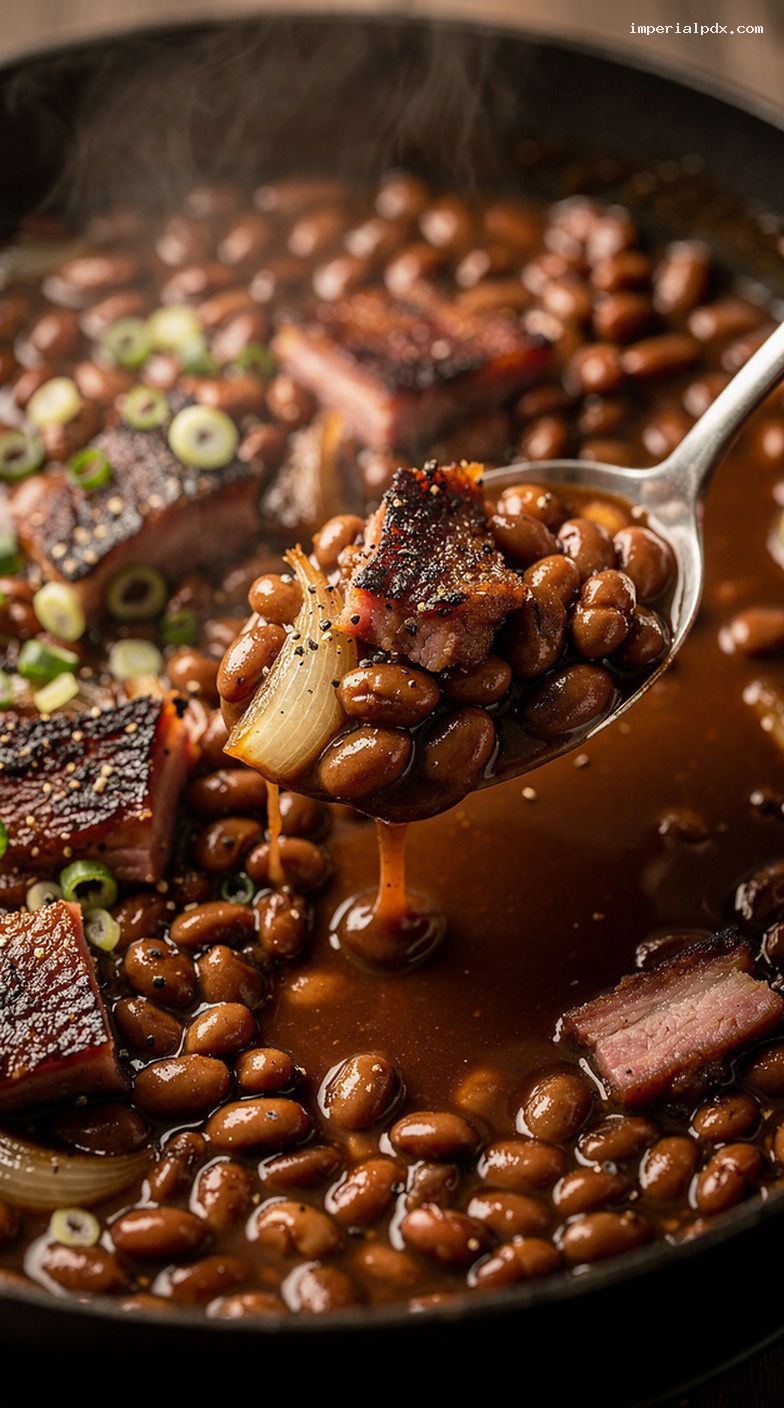 Smoky Molasses BBQ Baked Beans With Smoked Pork – Closeup