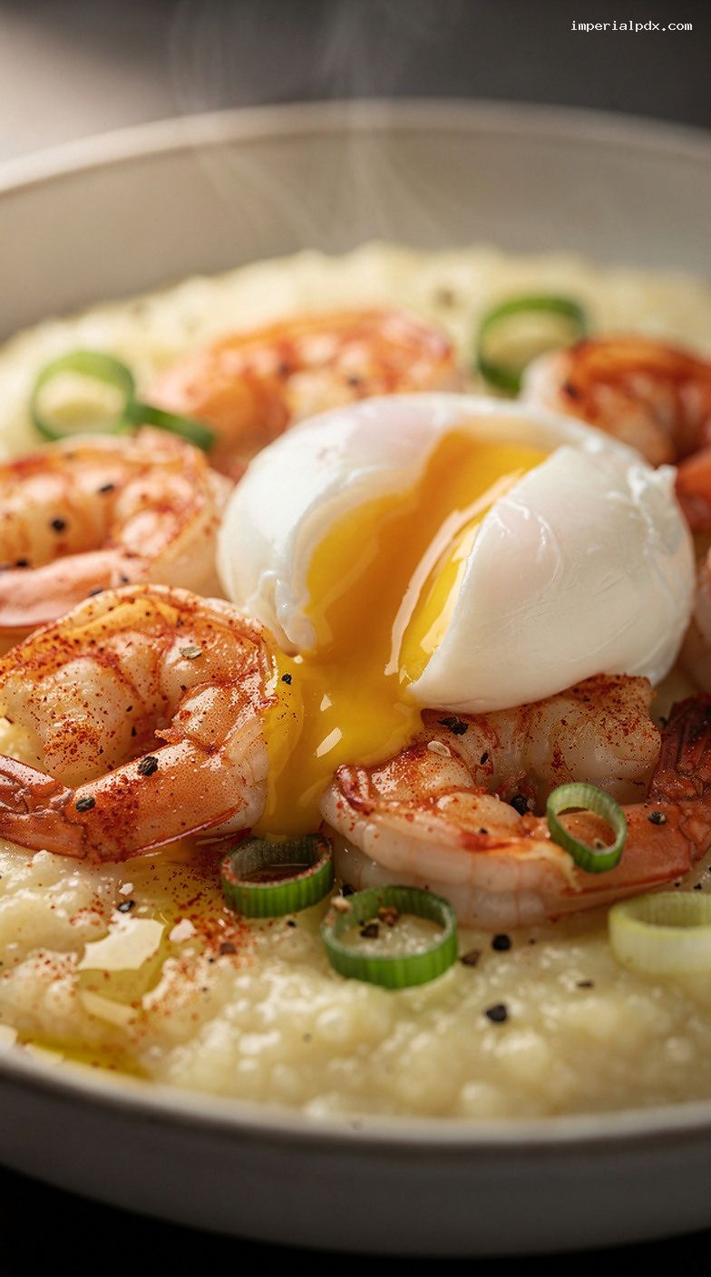 Smoky Shrimp and Cheesy Grits Bowl With Poached Egg – Closeup