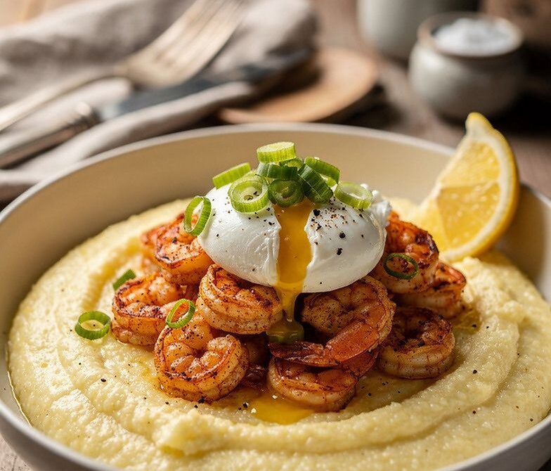 Smoky Shrimp and Cheesy Grits Bowl With Poached Egg