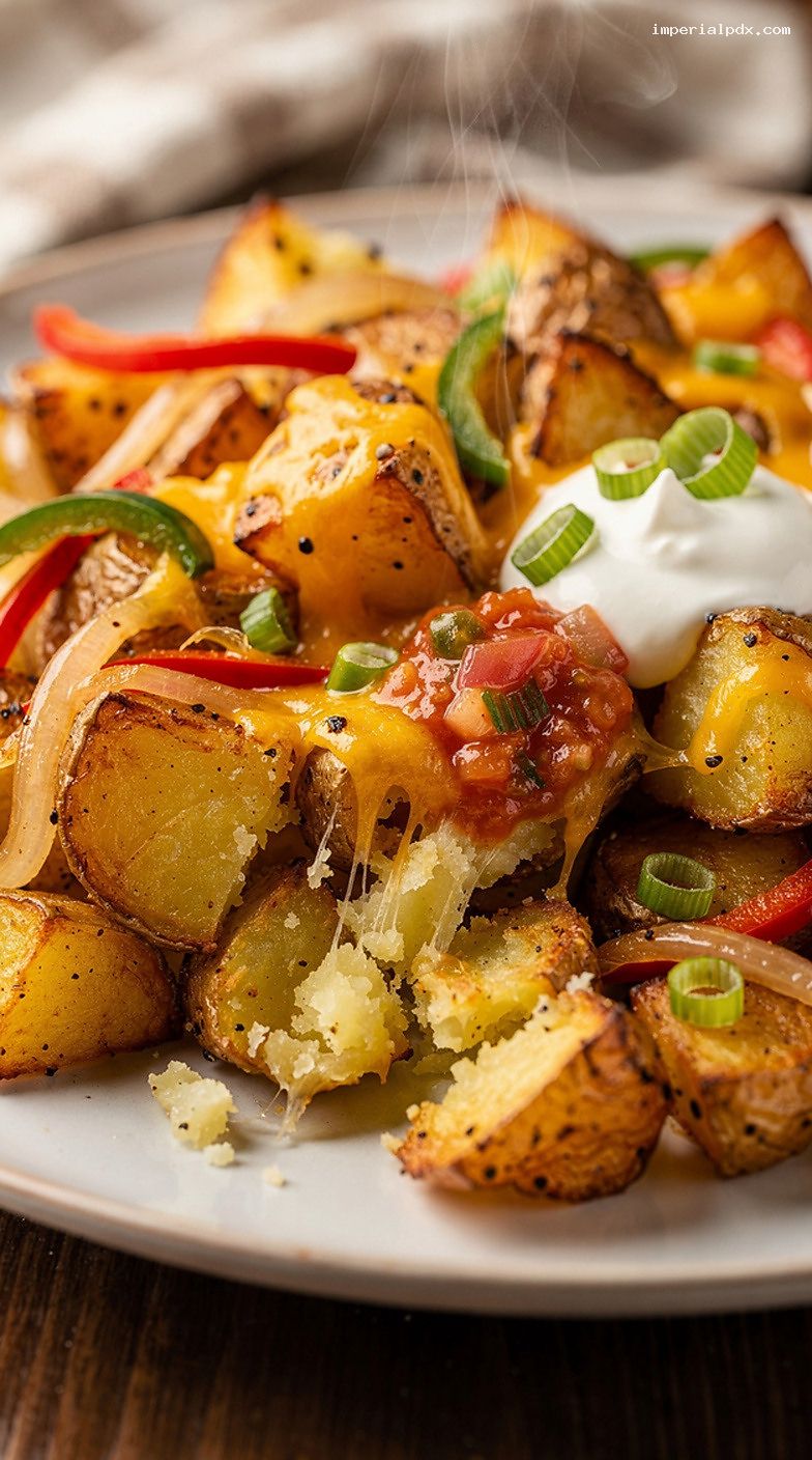 Smothered Breakfast Potatoes With Peppers, Onions, and Pepper Jack – Closeup