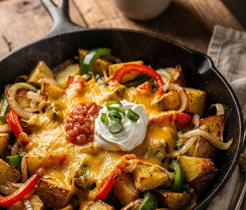 Smothered Breakfast Potatoes With Peppers, Onions, and Pepper Jack