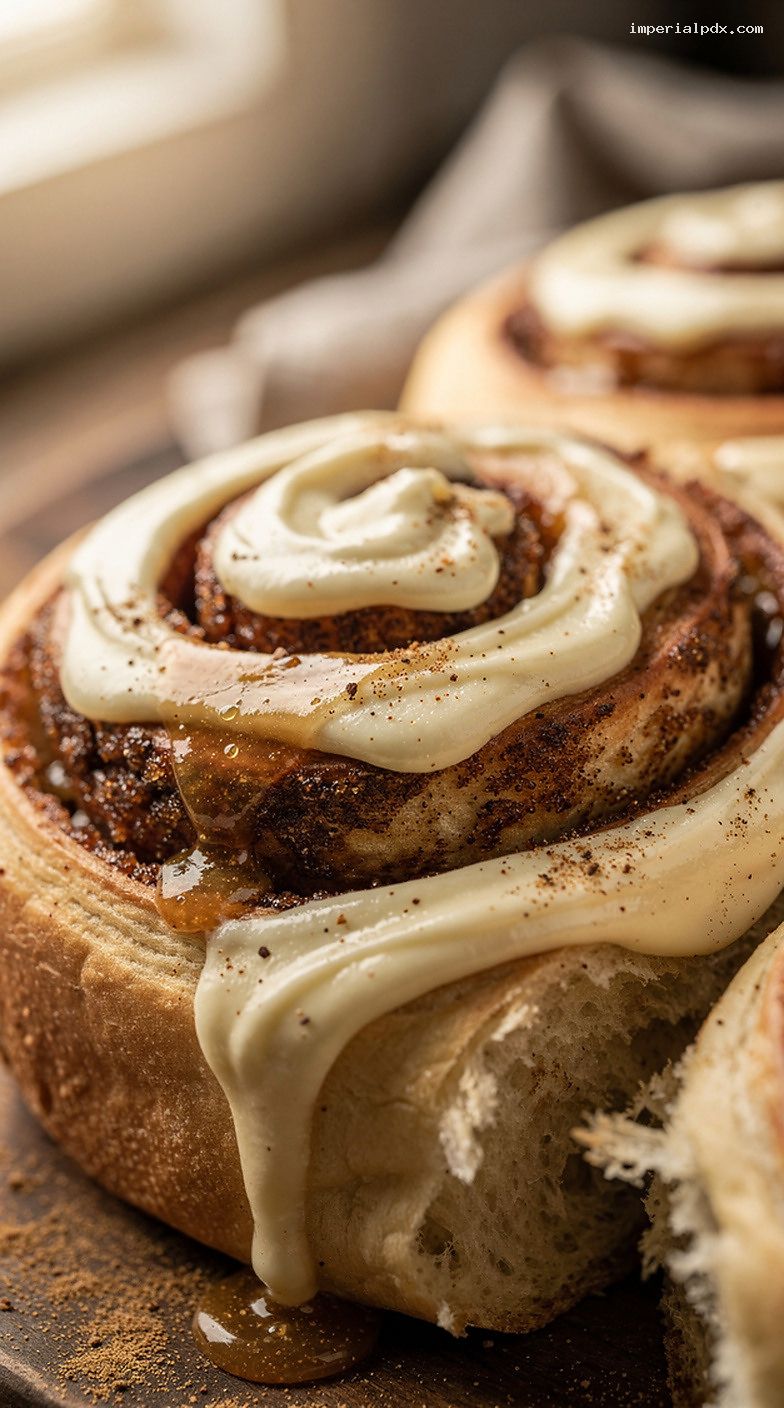 Soft Cinnamon Rolls with Brown Sugar Swirl and Cream Cheese Icing – Closeup