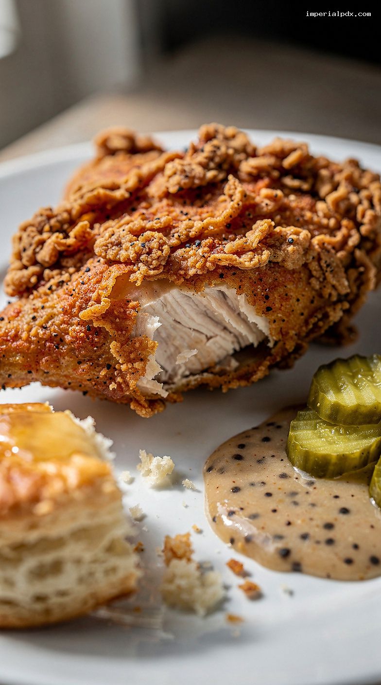 Southern Buttermilk Fried Chicken Platter With Biscuits and Gravy – Closeup