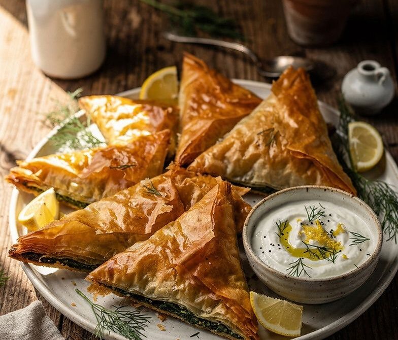 Spanakopita Triangles With Lemony Yogurt Dip