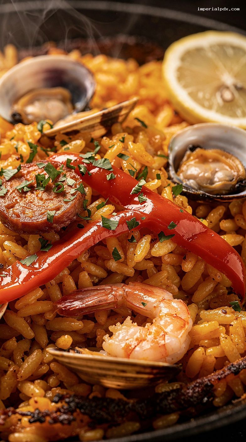 Spanish Seafood Paella With Saffron Rice and Mixed Shellfish – Closeup