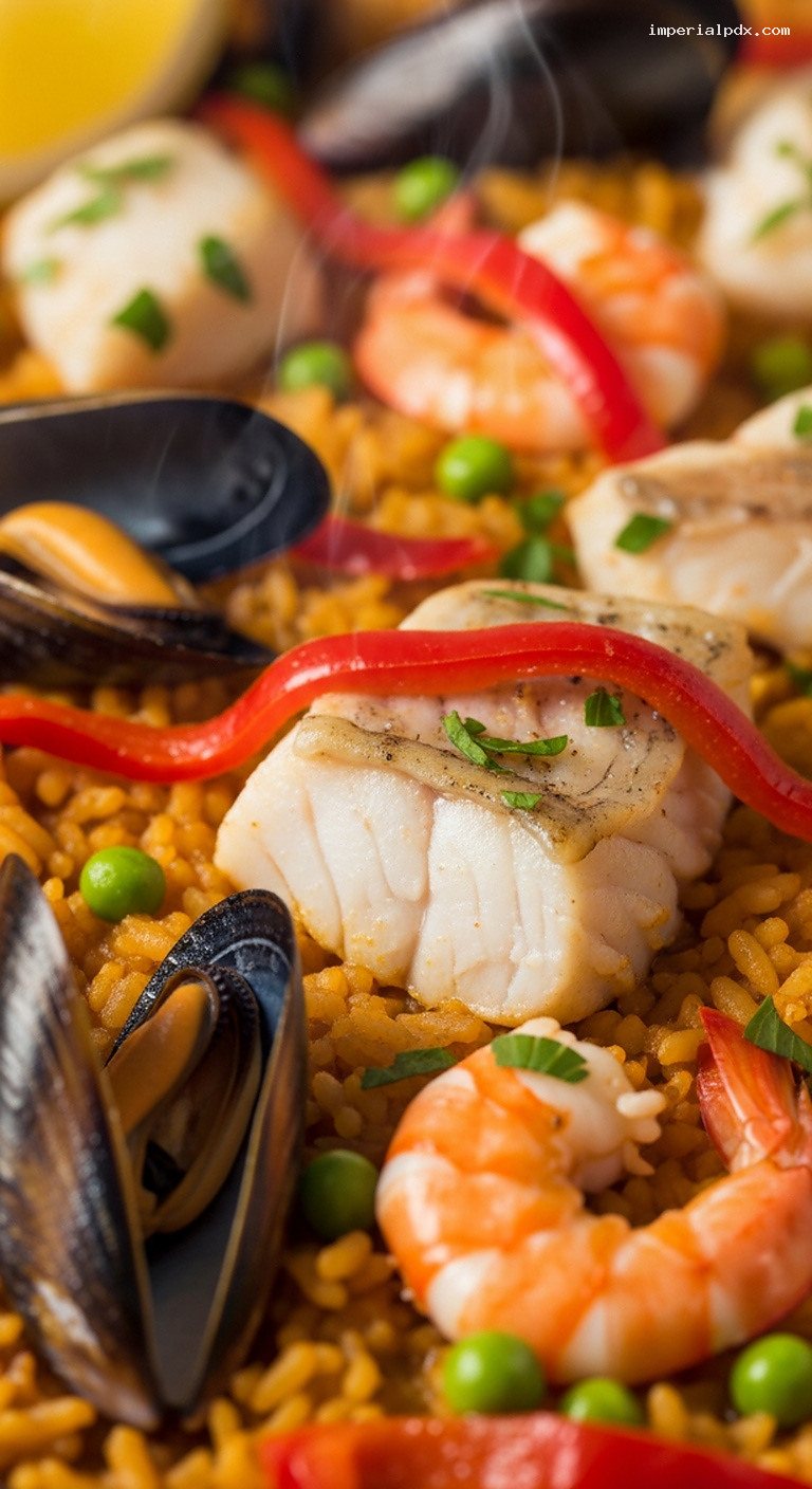 Spanish Seafood Paella With Saffron Rice and Peppers – Closeup
