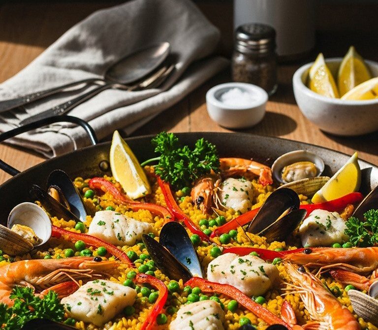 Spanish Seafood Paella With Saffron Rice and Peppers