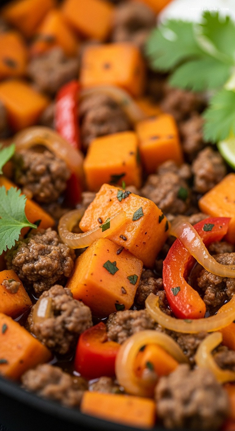 Spiced Beef and Sweet Potato Skillet Bowl – Closeup