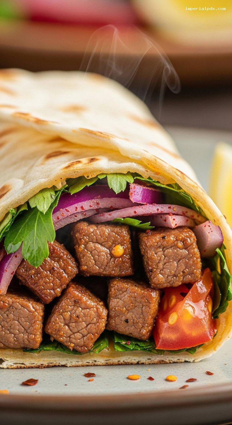 Spiced Beef Tantuni Wraps With Onions and Parsley – Closeup