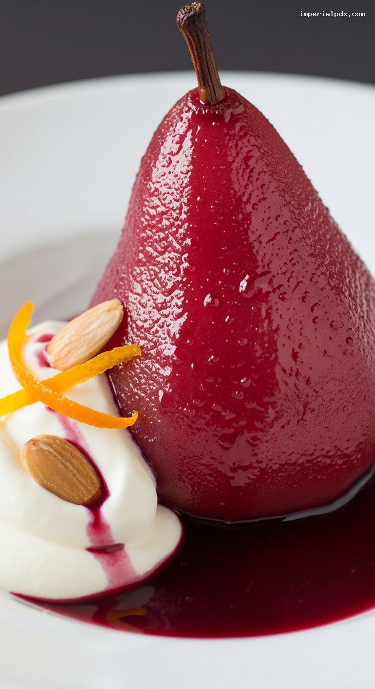 Spiced Red Wine Poached Pears with Crème Fraîche – Closeup