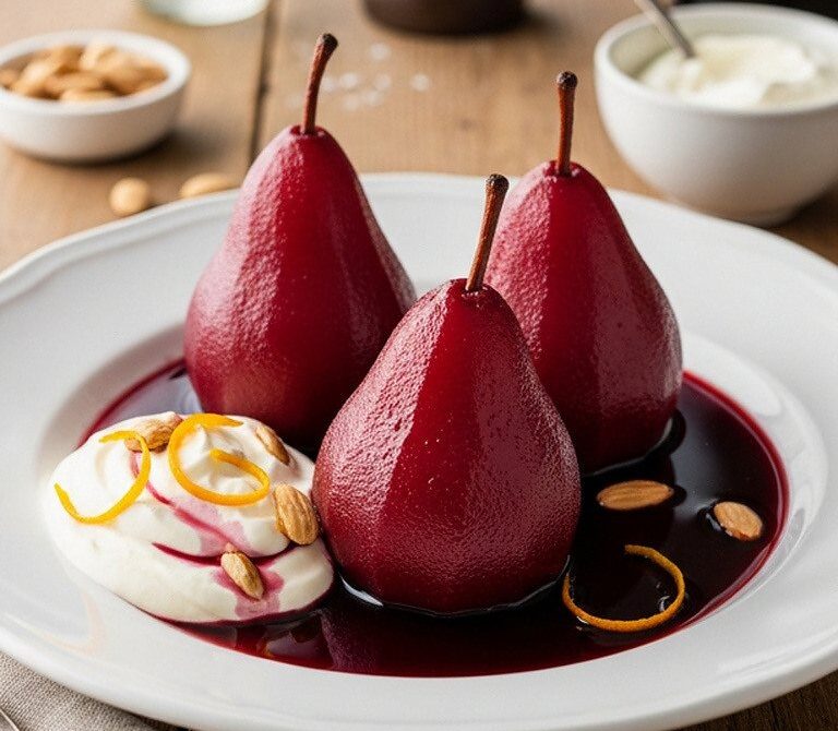 Spiced Red Wine Poached Pears with Crème Fraîche