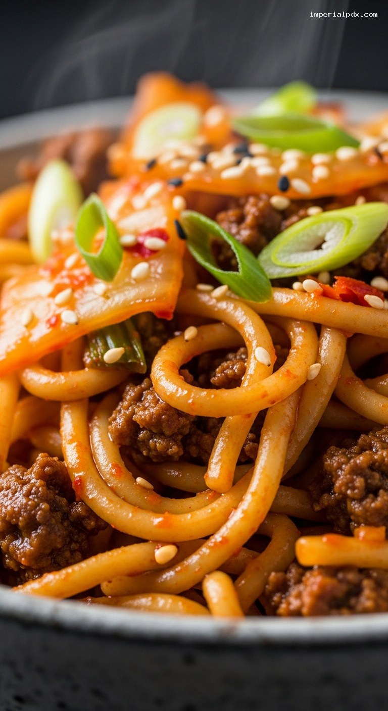 Spicy Beef and Kimchi Fried Noodles Skillet – Closeup