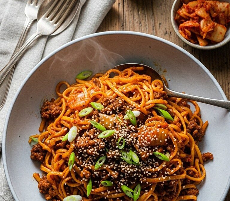 Spicy Beef and Kimchi Fried Noodles Skillet