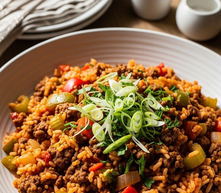 Spicy Ground Beef Jambalaya With Creole Vegetables