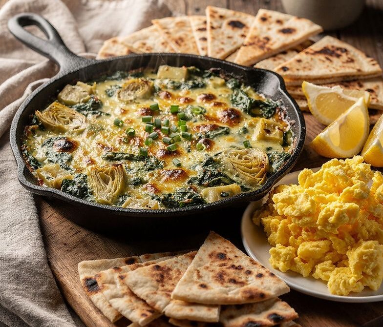 Spinach Artichoke Breakfast Dip with Eggs and Toasted Pita