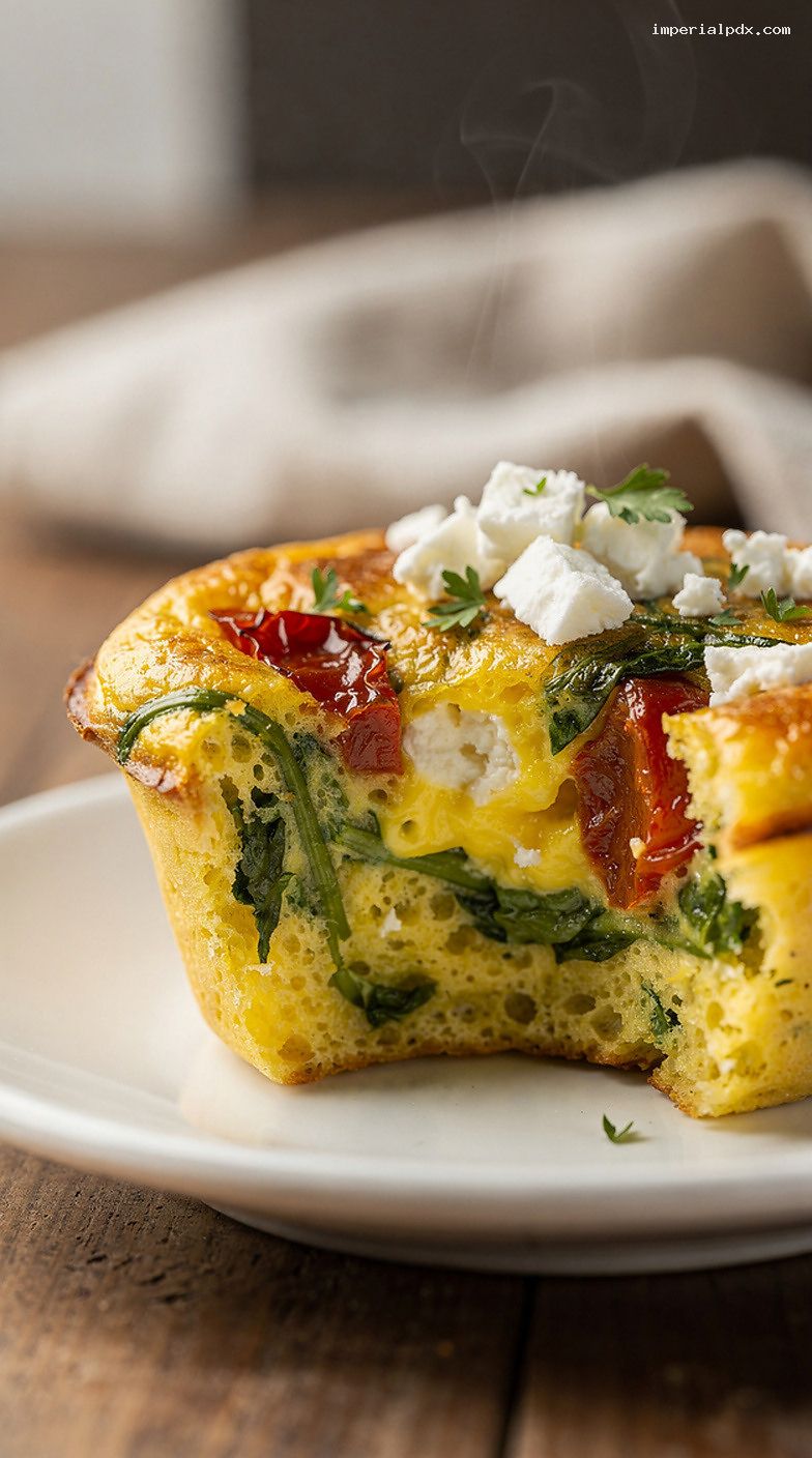 Spinach Feta Egg Muffins With Roasted Red Peppers – Closeup