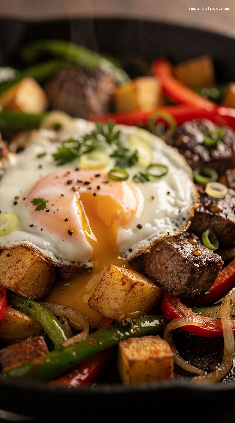 Steak and Pepper Breakfast Skillet With Over-Easy Eggs – Closeup