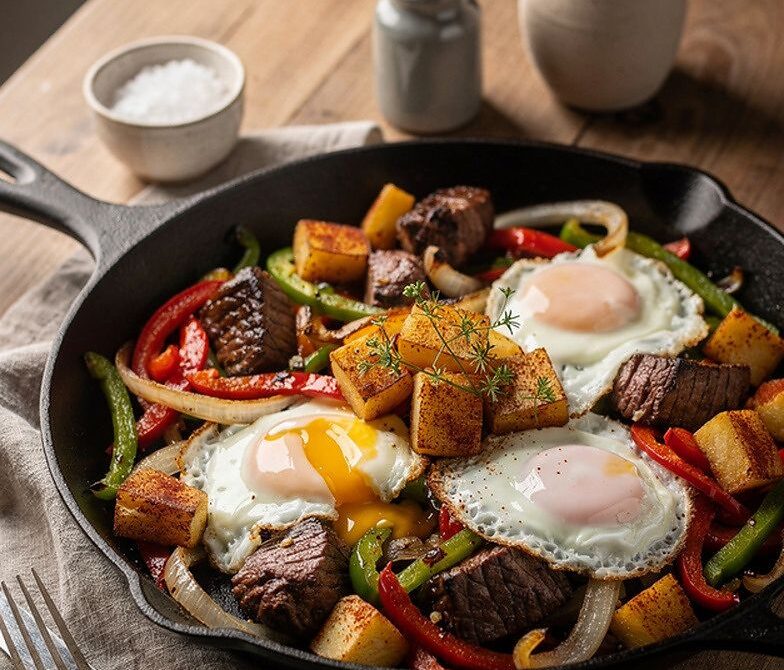 Steak and Pepper Breakfast Skillet With Over-Easy Eggs