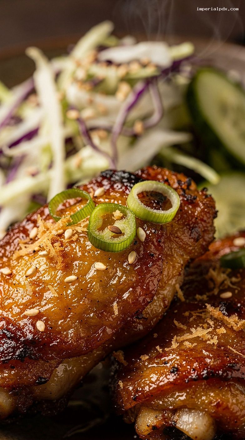 Sticky Soy-Ginger Chicken Drumettes With Sesame-Scallion Slaw – Closeup