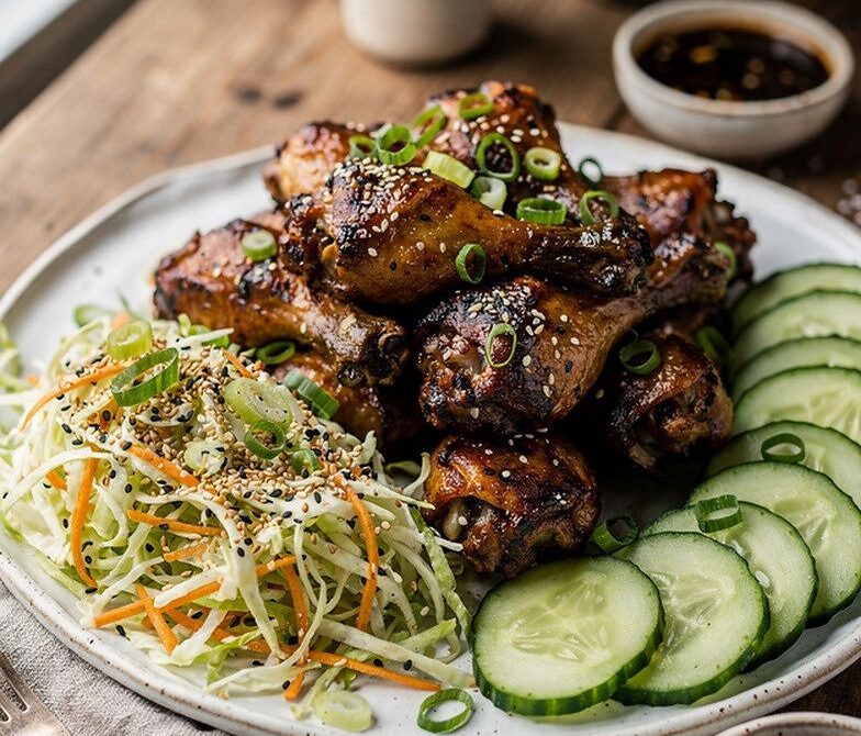 Sticky Soy-Ginger Chicken Drumettes With Sesame-Scallion Slaw