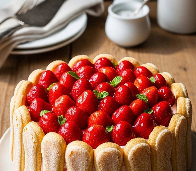 Strawberry Charlotte with Ladyfingers and Fresh Berries