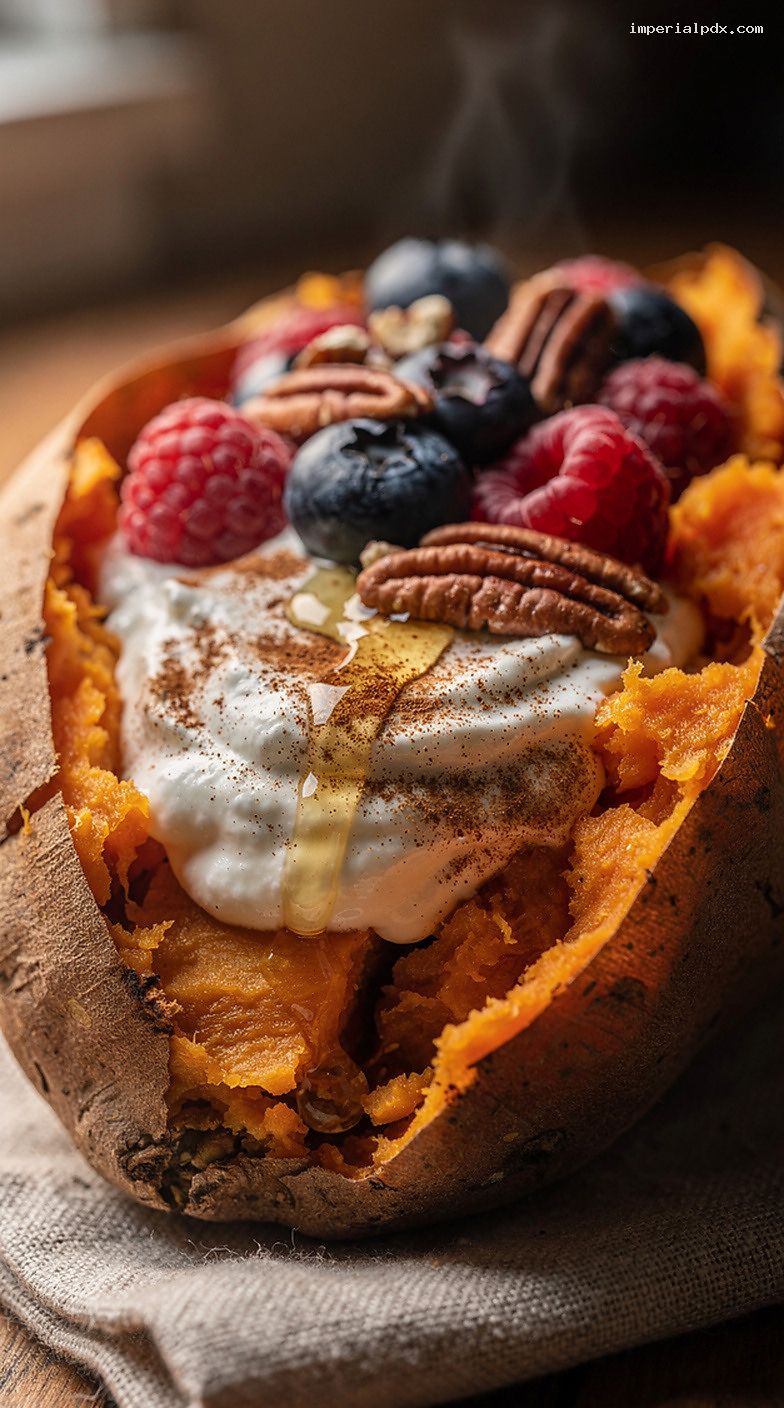 Stuffed Breakfast Sweet Potatoes With Yogurt, Berries, and Nuts – Closeup