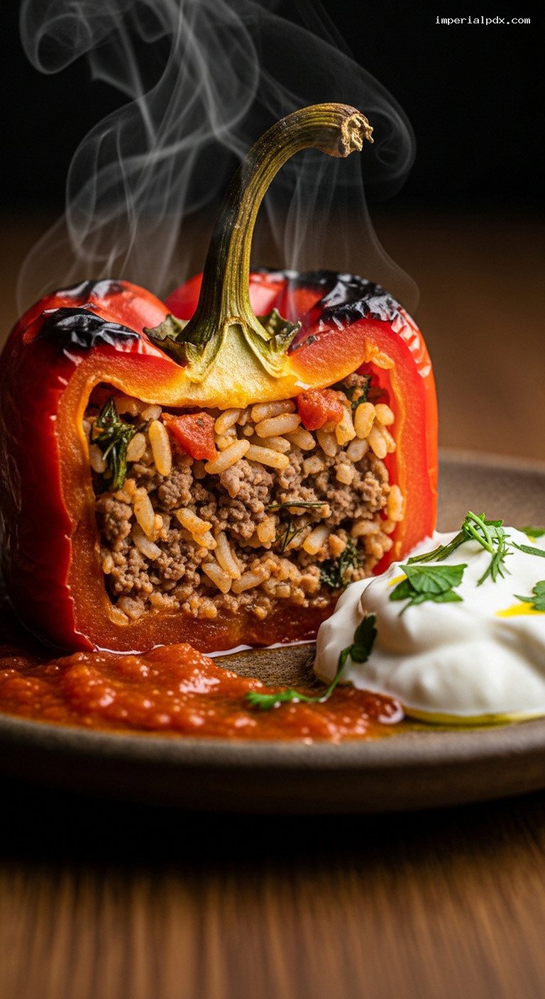 Sultan’s Delight Stuffed Peppers With Spiced Beef and Rice – Closeup