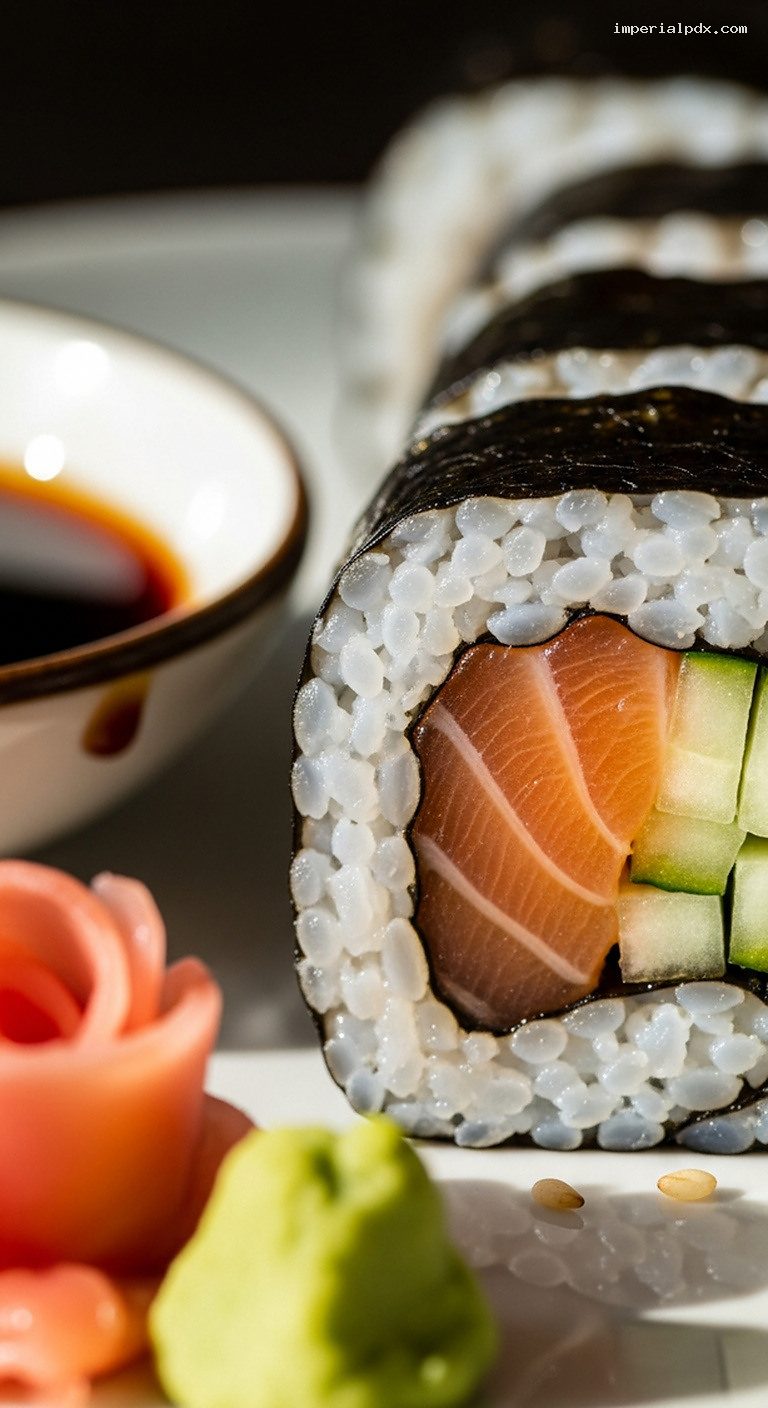Sushi-Style Salmon Maki Rolls With Cucumber and Seasoned Rice – Closeup