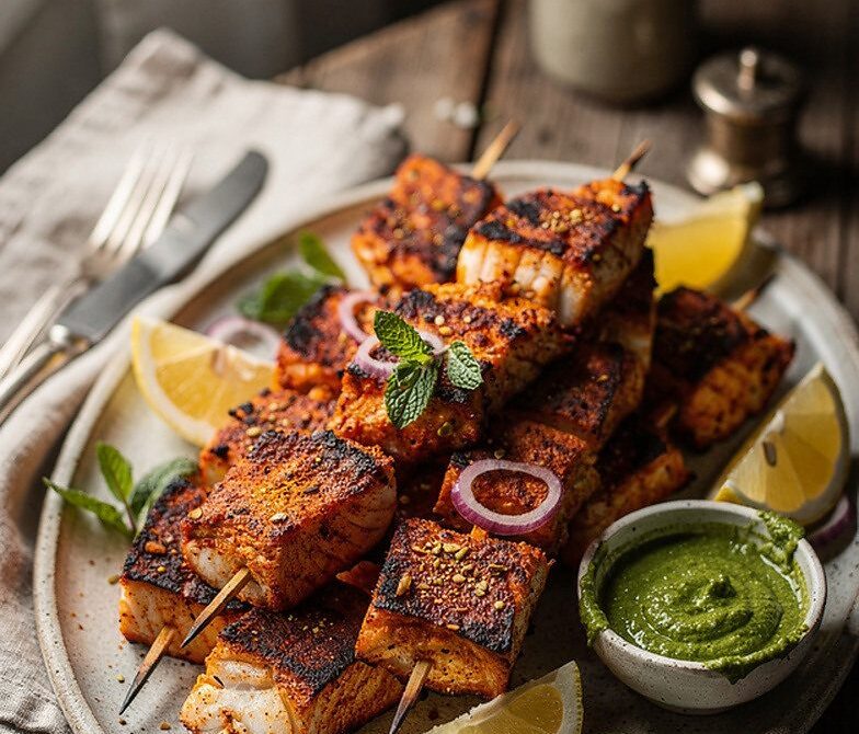 Tandoori Fish Tikka Skewers With Mint Chutney