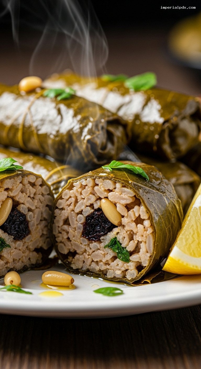 Tender Yaprak Sarma Stuffed Grape Leaves with Rice – Closeup