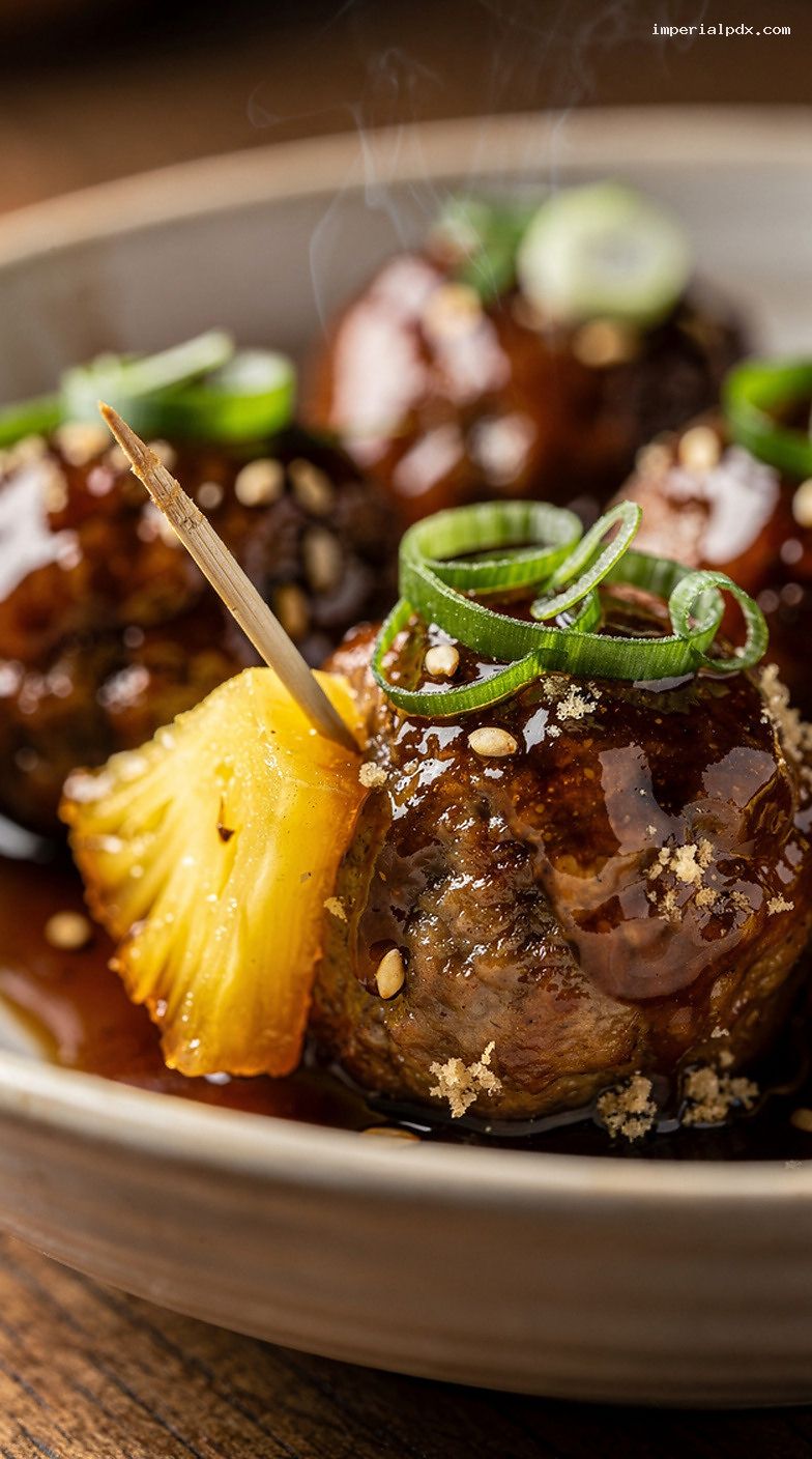 Teriyaki-Glazed Meatballs with Pineapple, Sesame, and Scallions – Closeup
