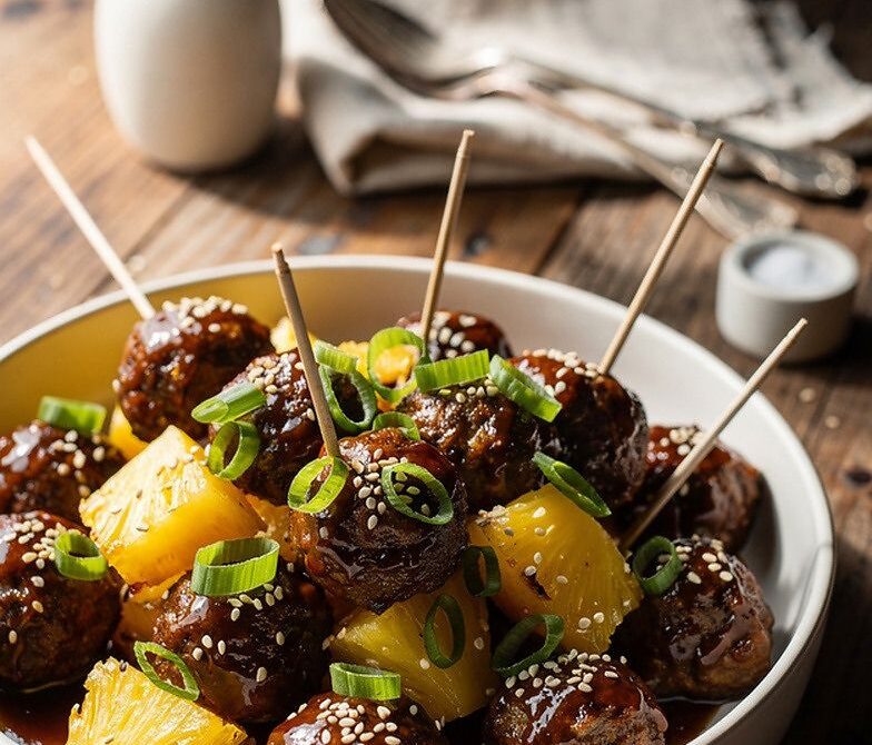 Teriyaki-Glazed Meatballs with Pineapple, Sesame, and Scallions