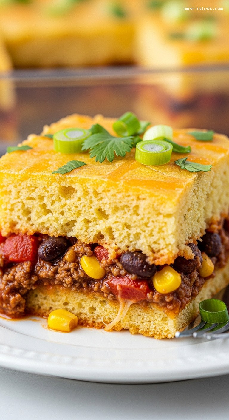 Tex-Mex Beef and Cornbread Casserole – Closeup