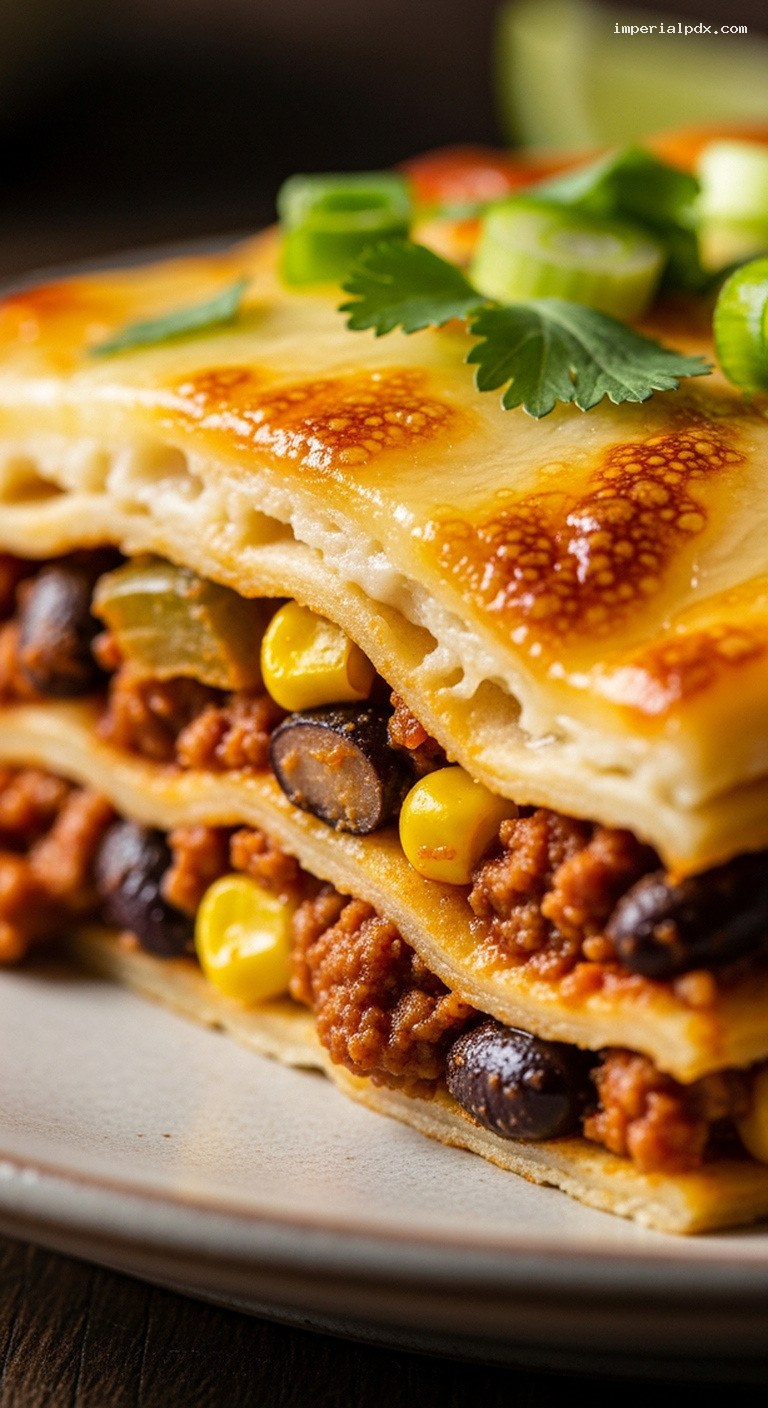 Tex-Mex Beef Tortilla Lasagna Casserole – Closeup