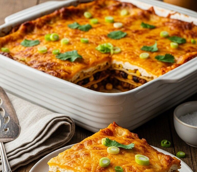 Tex-Mex Beef Tortilla Lasagna Casserole